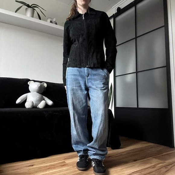 2000s Atmosphere Black Suede Leather Biker Jacket - Picture 5 of 8